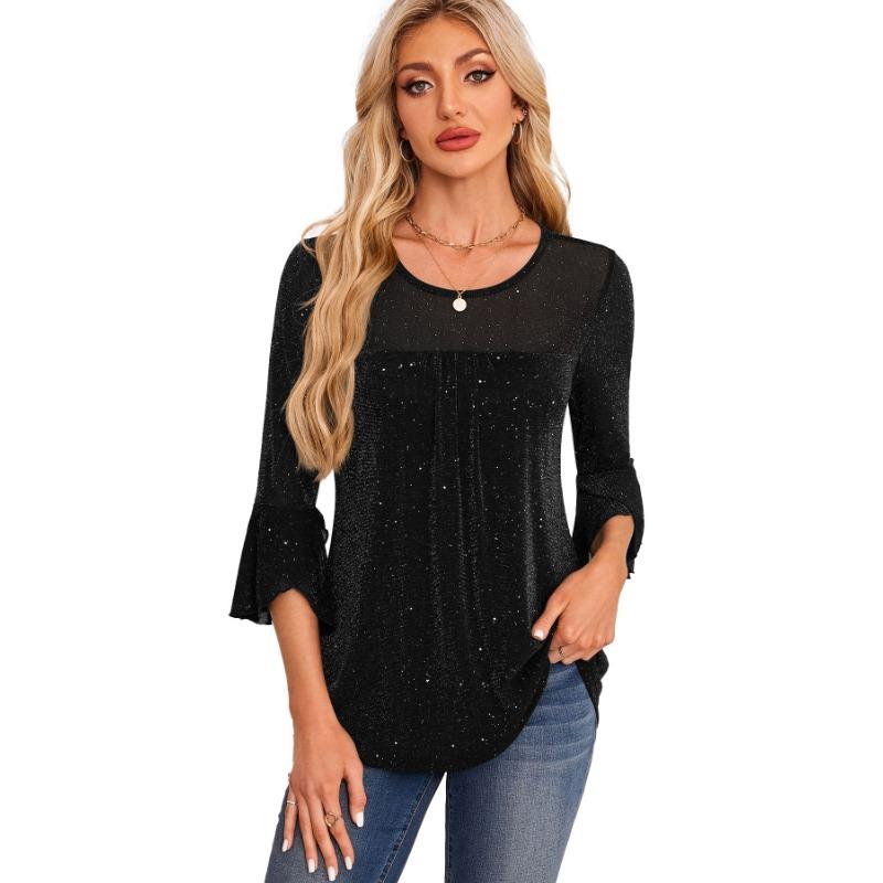 Summer pleated flared sleeve round neck mesh cropped shirt women