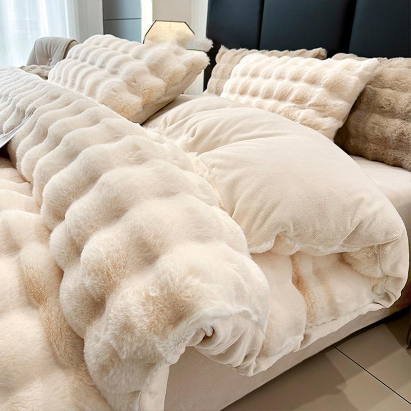 2025 Winter Coral Velvet Bedding Set: Plush Imitation Rabbit Fur Duvet, Fitted Sheet, Bed Sheet, Thickened for Warmth