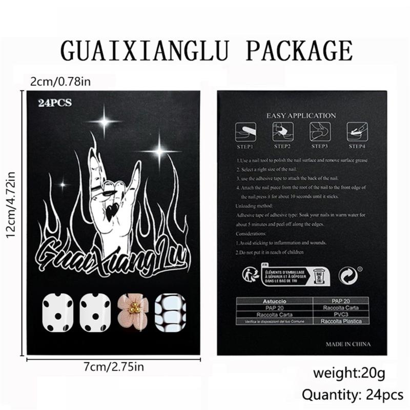 Pack of 24 Fake Nail Droplet Shape White Gradient Dot Flower Pattern Medium Length Glossy Press On Nail for Women