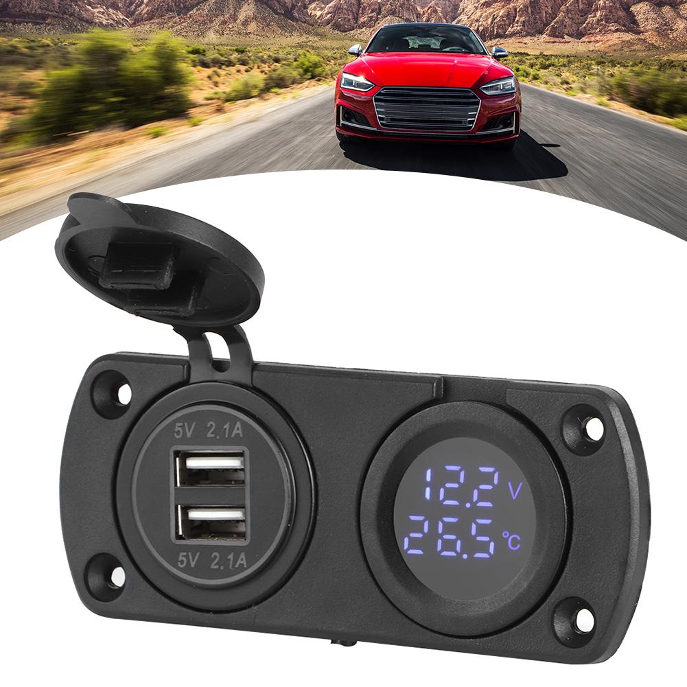Termometru Volmetru Încărcător Auto USB Dublu 12V Priza de Alimentare Soclu Brichetă Albastru
