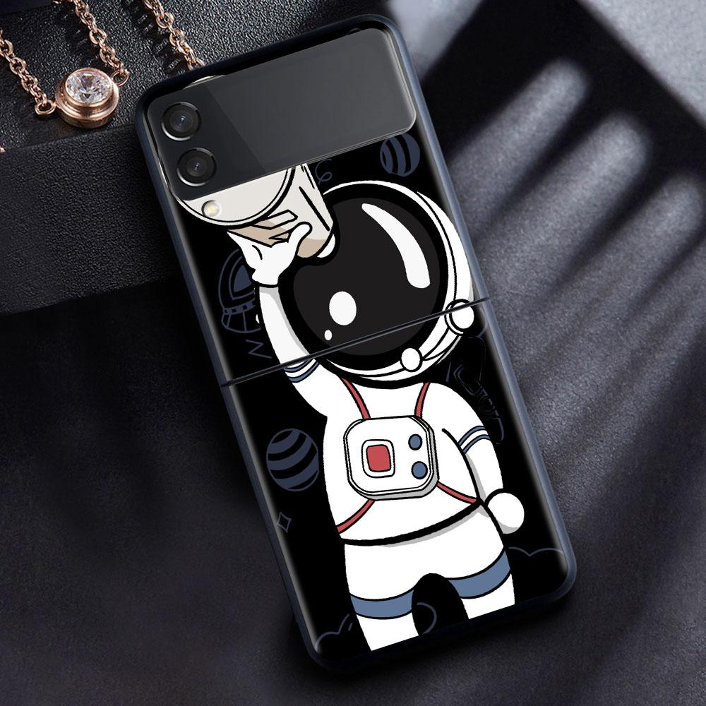 Case For Samsung Galaxy Z Flip 3 4 5G Black Hard PC Phone Housing Z flip4 Luxury Segmented Cover Cute Astronaut
