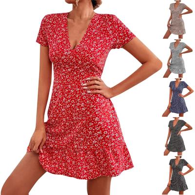 Women's Summer Sexy V-neck Floral Print Dress Casual Short Skirt