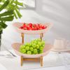Fruit Bowl Fruit Basket 2 Tier Large Plastic Ceramic Bowl with Bamboo Stand for Snacks Candy Dessert Table Centerpiece Decor