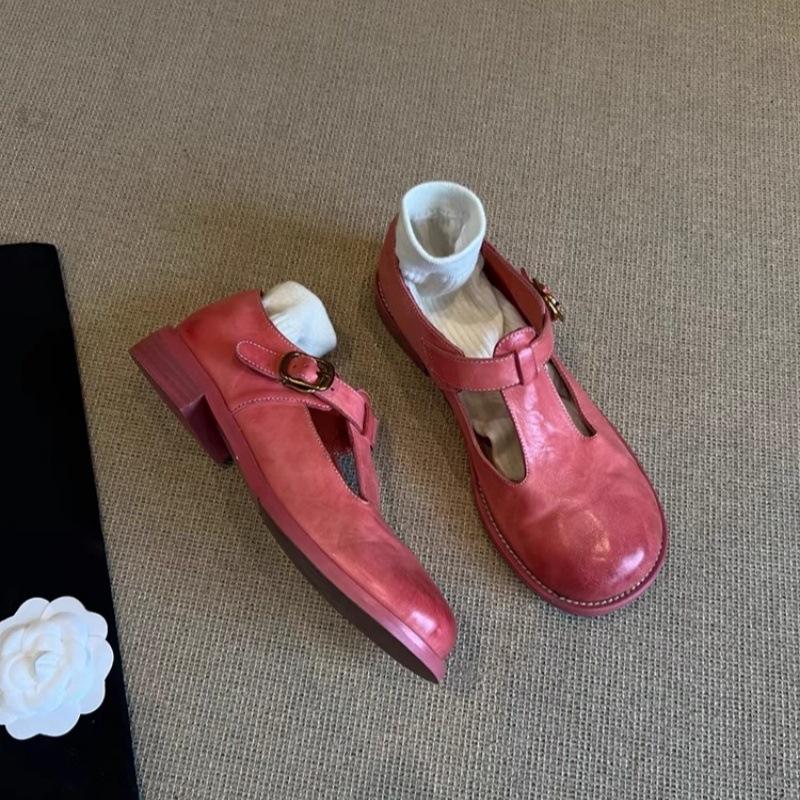 Sheepskin version~ retro style thick heel Mary Jane shoes women's leather round head polishing single shoes girl pink light mouth small leather women