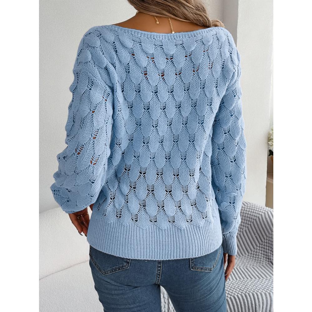 Autumn/Winter Women's Knitted Sweater Casual Feather-Patterned Openwork Off-the-Shoulder Sweater Featuring Bell Sleeves