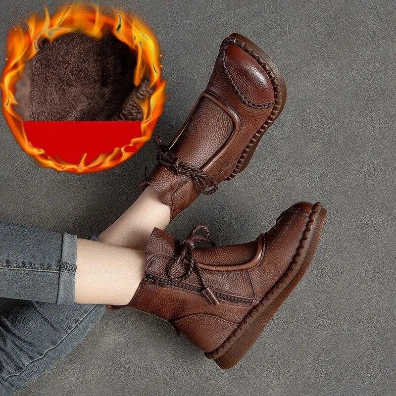 Johnature Flat Bottom Plush Warm Cotton Boots Solid Color Retro Genuine Leather Women's Short Boots