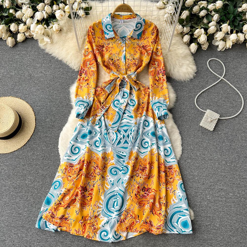 

RUGOD Ретро дворцовый стиль с длинными рукавами и принтом, женское летнее платье, новое потрясающее большое свободное платье со шнуровкой на талии