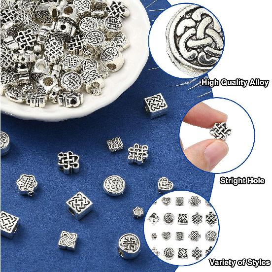 KitBeads 100Pcs 10 Styles Tibetan Chinese Knot Round Beads Metal Celtic Knot Square Rectangle Spacer Beads for Jewelry Making Bracelets Earrings