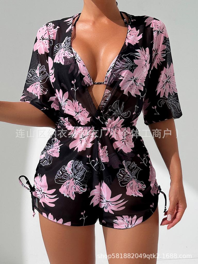 Swimsuit Beach Sunscreen Tropical Plant Printed Blouse Swimsuit Women's Three-piece Neck Bikini