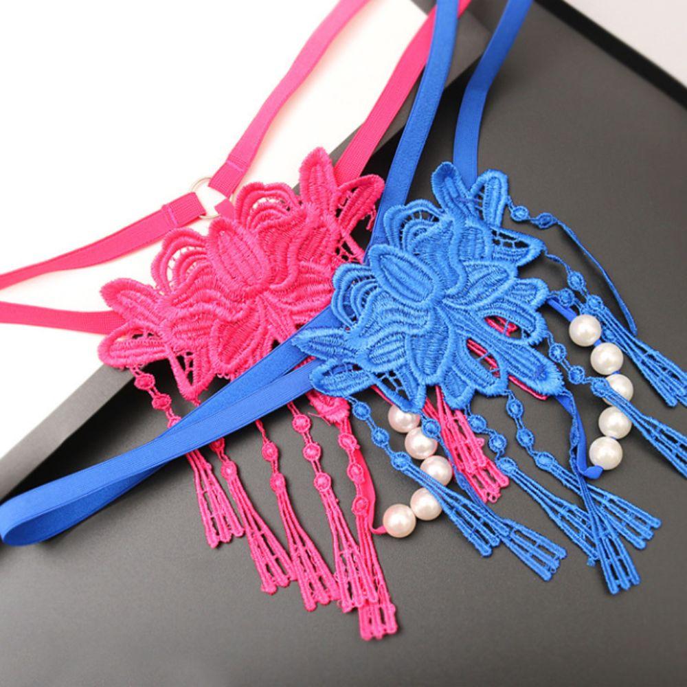 Tassel Lace Flower Panties Pearl Transparent T-Pants Cute Mesh Thongs  Women