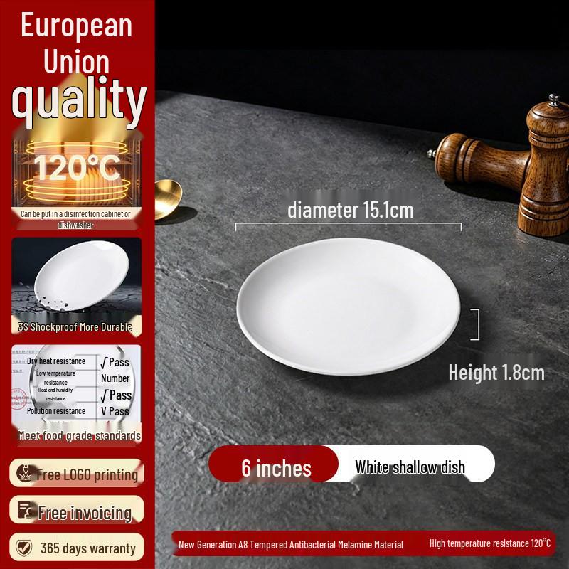 White Melamine Imitation Porcelain Plates: Commercial Round Flat Resin Tableware for Restaurants, Shallow Cold Dish or Rice Bowl Plates.
