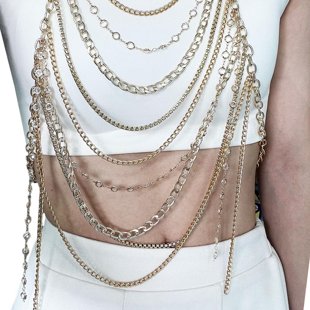 Stylish Women Rhinestones Chest Chain Necklace for Beach and Nightclub Outfits Layered Halter Neck Body Jewelry Crop Top