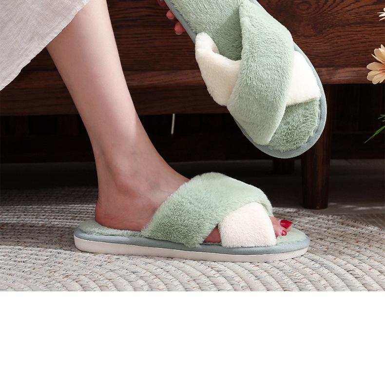 Autumn Winter Plush Cotton Cross-Open Warm Furry Slippers for Couples