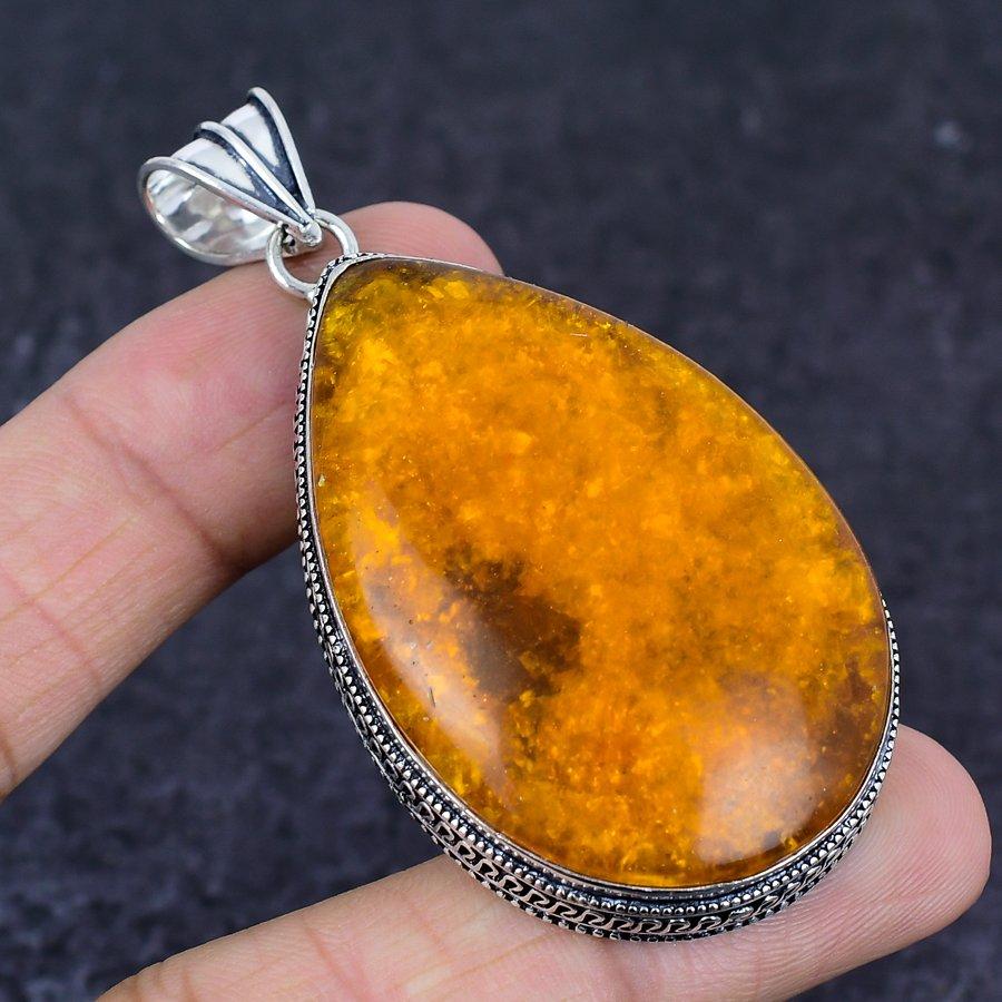 Baltic Amber Gemstone Handmade 925 Sterling Silver Jewelry Pendant 2.76" d0Q20