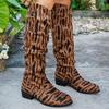 Fashion Leopard Suede High Boots Women's Fashion Round Toe Metal Buckle Sleeve Soft Sole Anti-Slip Wear-Resistant Block Heel Boots
