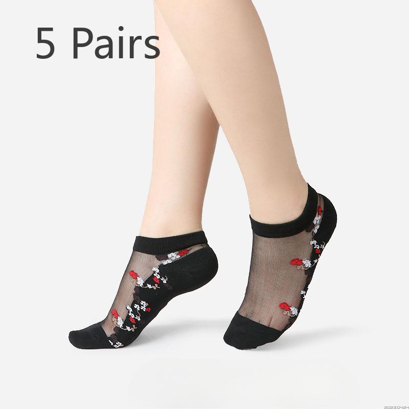 5 Pairs of Women's Summer Embroidered Non Slip Cotton Bottom Glass Silk Socks
