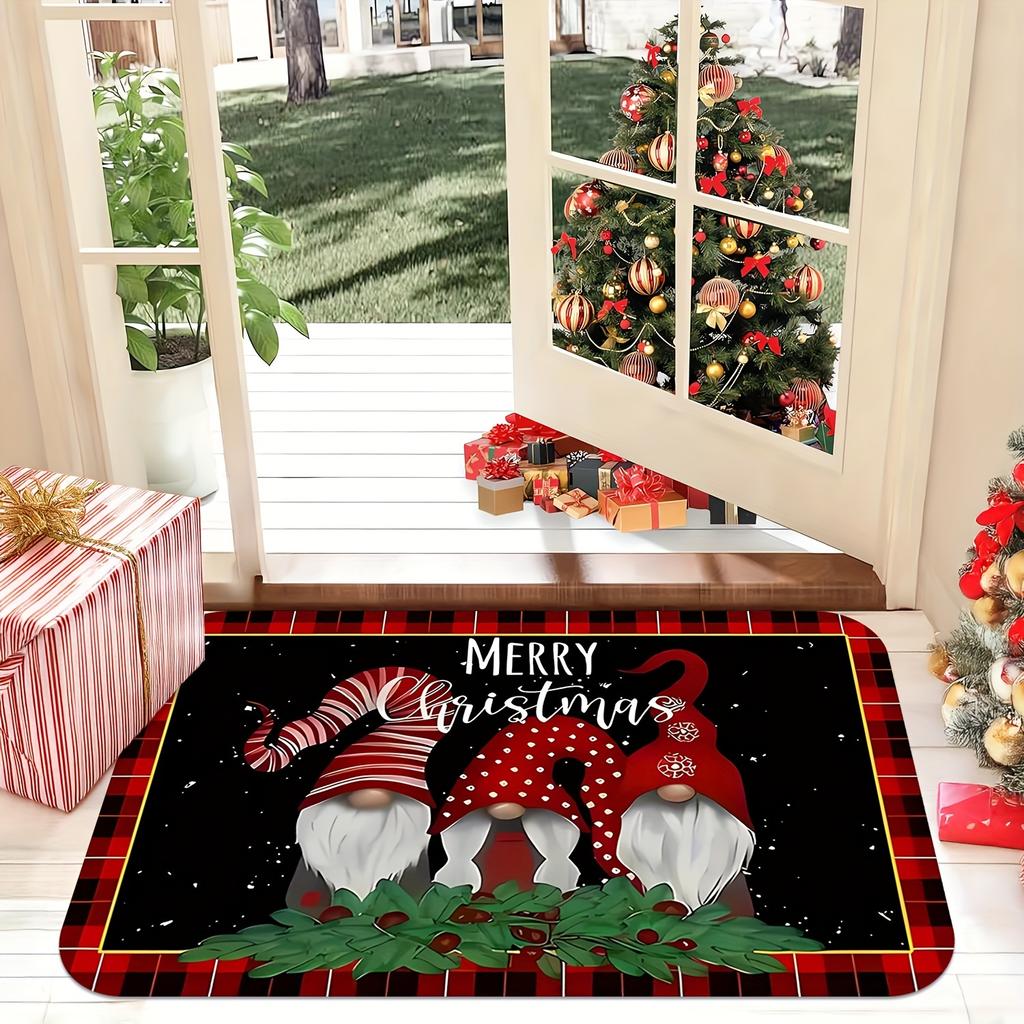 1pc Christmas‑Gnome‑Holly‑Berry Print Welcome Doormat, Washable Indoor Floor Mat for Bathroom, Living Room, Bedroom, Kitchen