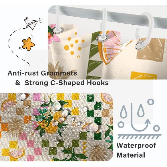 Lemon Shower Curtain, Yellow and Green Fruits Shower Curtain for Bathroom Waterproof Fabric Summer Shower Curtain Set with Hooks, 72x72 Inch