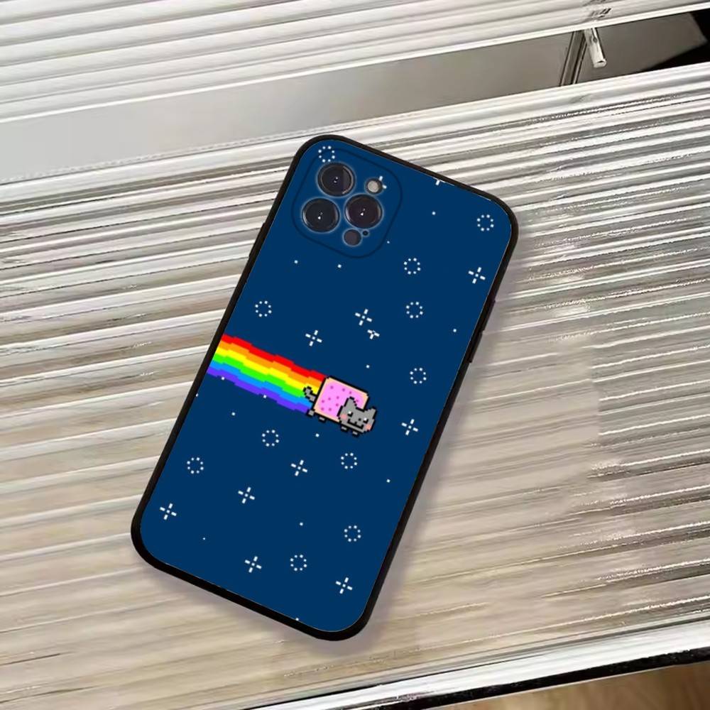 Cute N-Nyan Cat Phone Case For iPhone 17,16,15,14,13,12,11 Plus,Pro Max,XS,Soft Silicone Black Cover