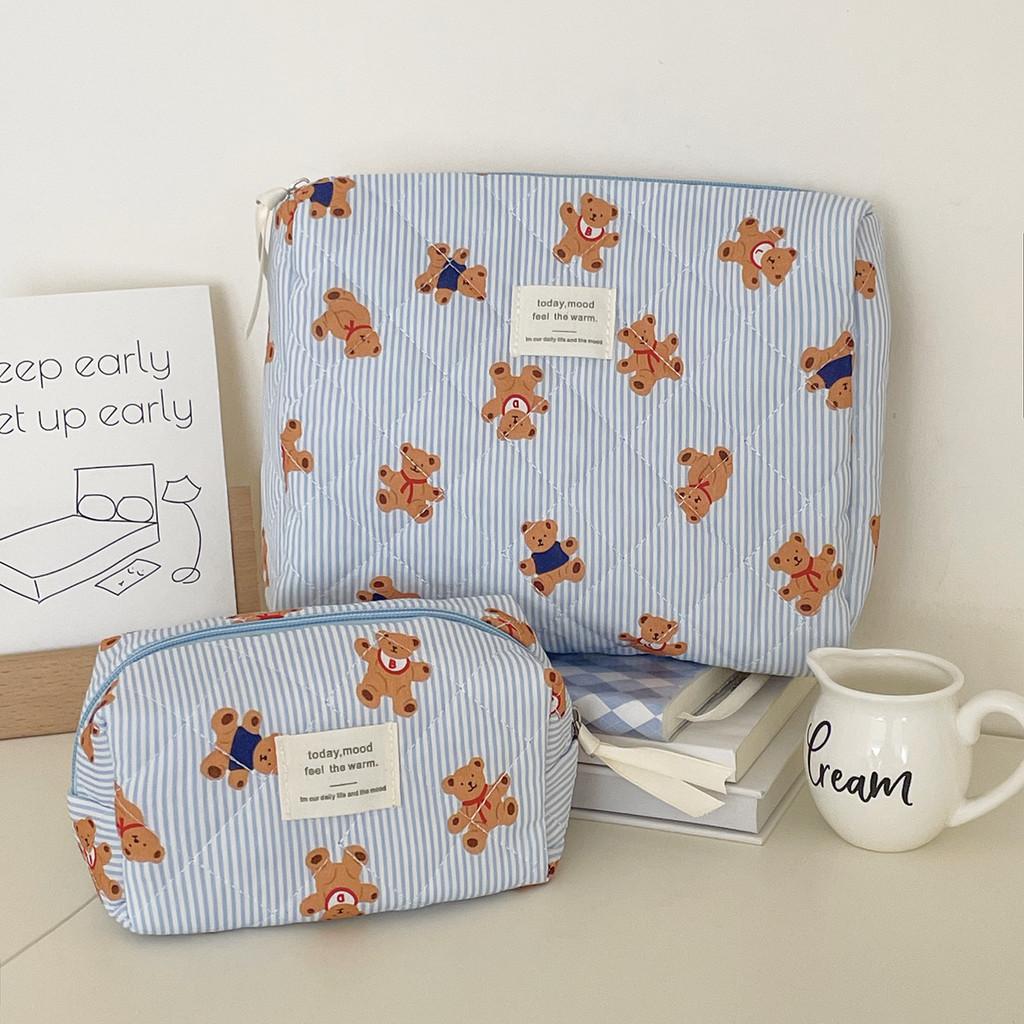 Blue Striped Bear Cosmetic Bag With Quilted Storage For Daily Use And Travel