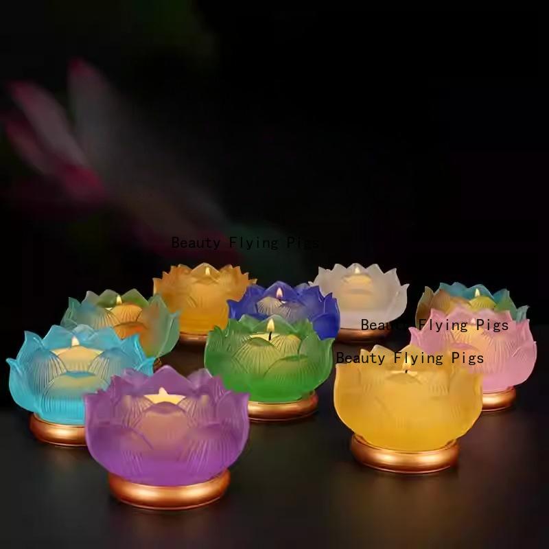 Glass Lotus Candlestick Buddha Hall Candlestick Temple Candle Holder Pray for Auspiciousness No Candles Included Home Decoration