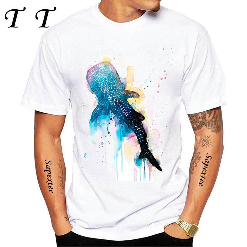 Galaxy Whale Shark Watercolor Funny T-shirt Men's Short Sleeve Summer Beach Diving Trips White Casual Tees Sea Life Boy Tops