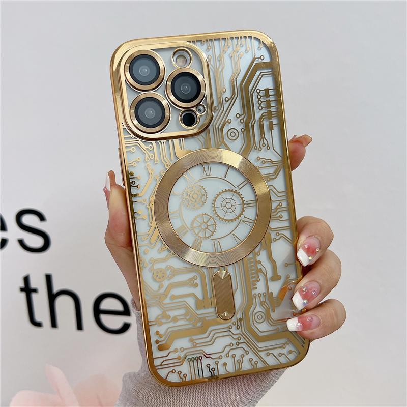 For iPhone 15 Pro Max Luxury Plating Magsafe Magnetic Mechanical Pattern Phone Case For iPhone 11 12 13 14 Plus Protective Cover