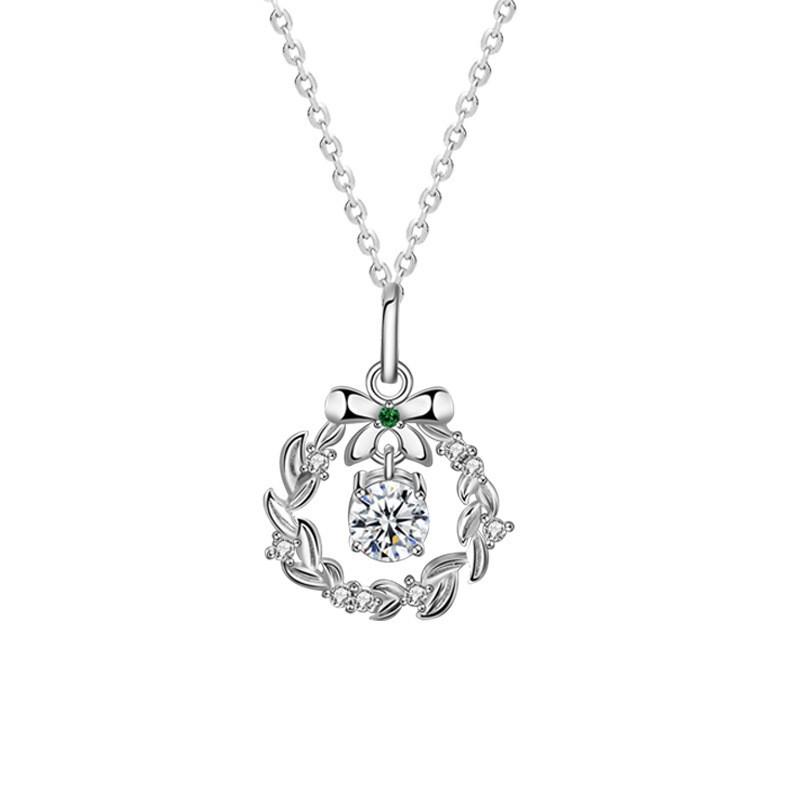 Sterling Christmas Floral Necklace With Moissanite Bow Pendant Adjustable Chain Women 925 Sterling Silver White Gold Plated