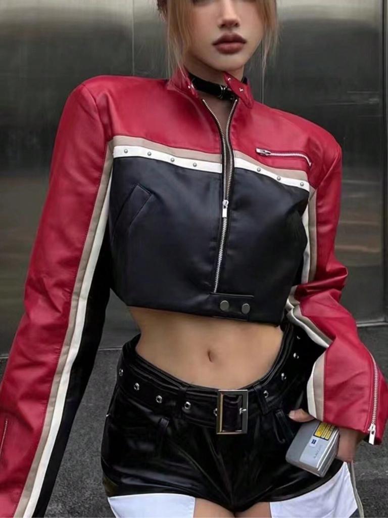 Rose Beauty A Punk Bikercore Colorblock Zipper Studded Detail Crop PU Leather Moto Jacket