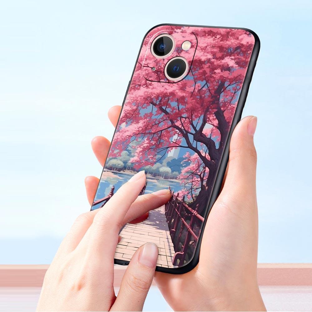 Coque de téléphone Rose Fleurs de Cerisier Printemps Pour iPhone 17 16 15 Pro Max 11 12 13 14 7 8 Plus SE 2020 X XR XS Cover Souple Noir