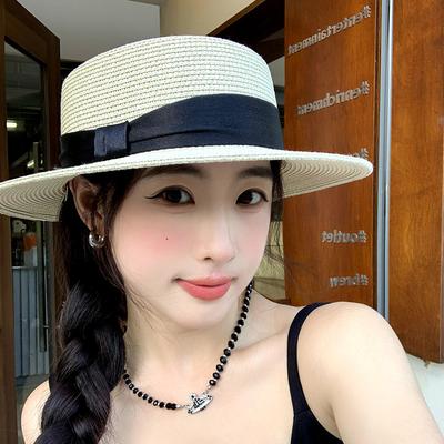 Sombrero de Paja de Copa Plana para Mujer Estilo Vacaciones de Verano Sombrero de Playa Ala Ancha Protección Solar Sombrero para el Sol Sombrero de Copa Francés