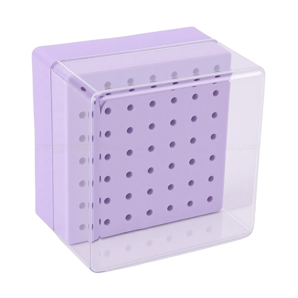 49 Holes Nail Drill Bits Holder Nail Polish Head Storage Box with Clear Dust Lid for Salon Home Purple