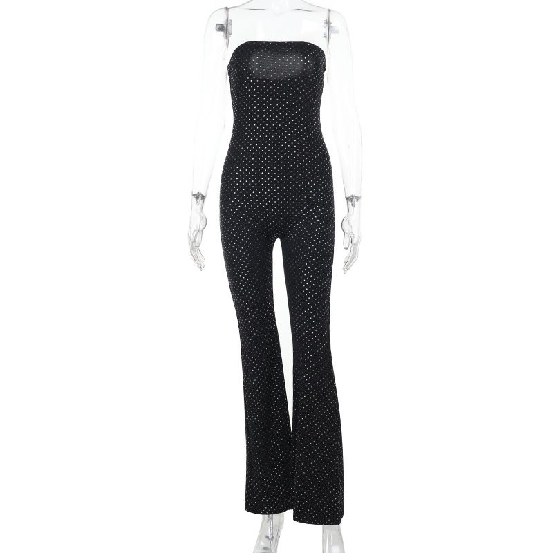 

Outfitgirl6 Red Bright Silk Flash Tube Top Jumpsuit Sexy Sexy Silm Slim Looking Sheath Flared Pants Black L