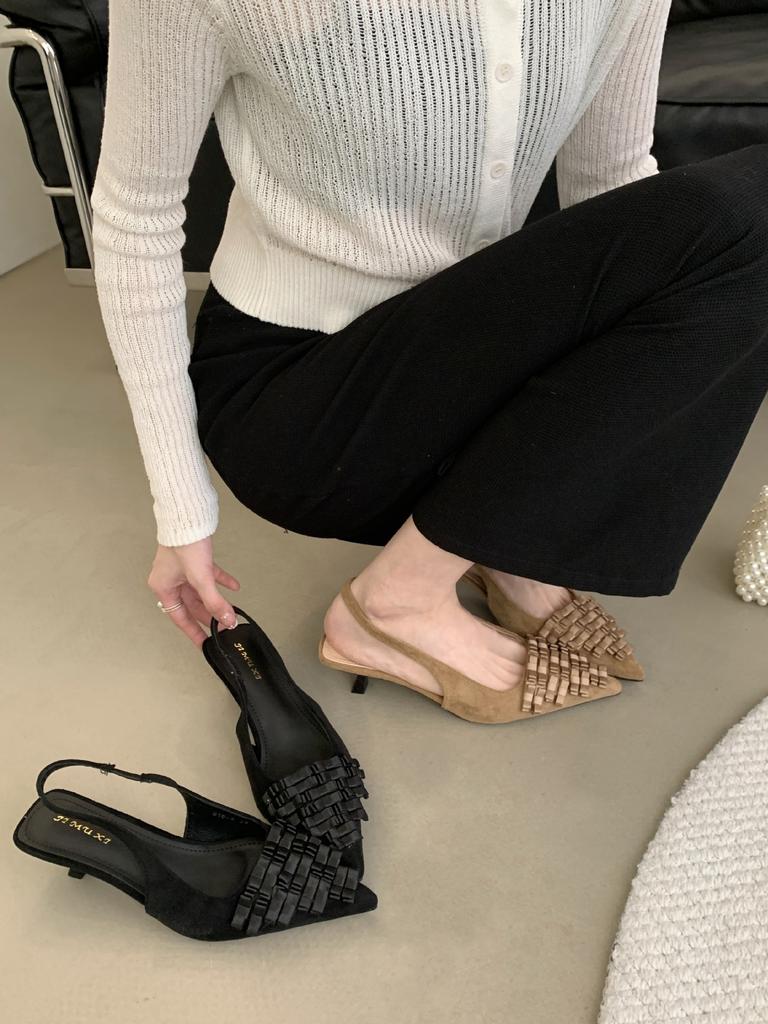 2025 Temperament French High Heels Suede Thin Heel Light Mouth Rear Strap Pointed Head Bag Head Sandals Women's Single Shoes