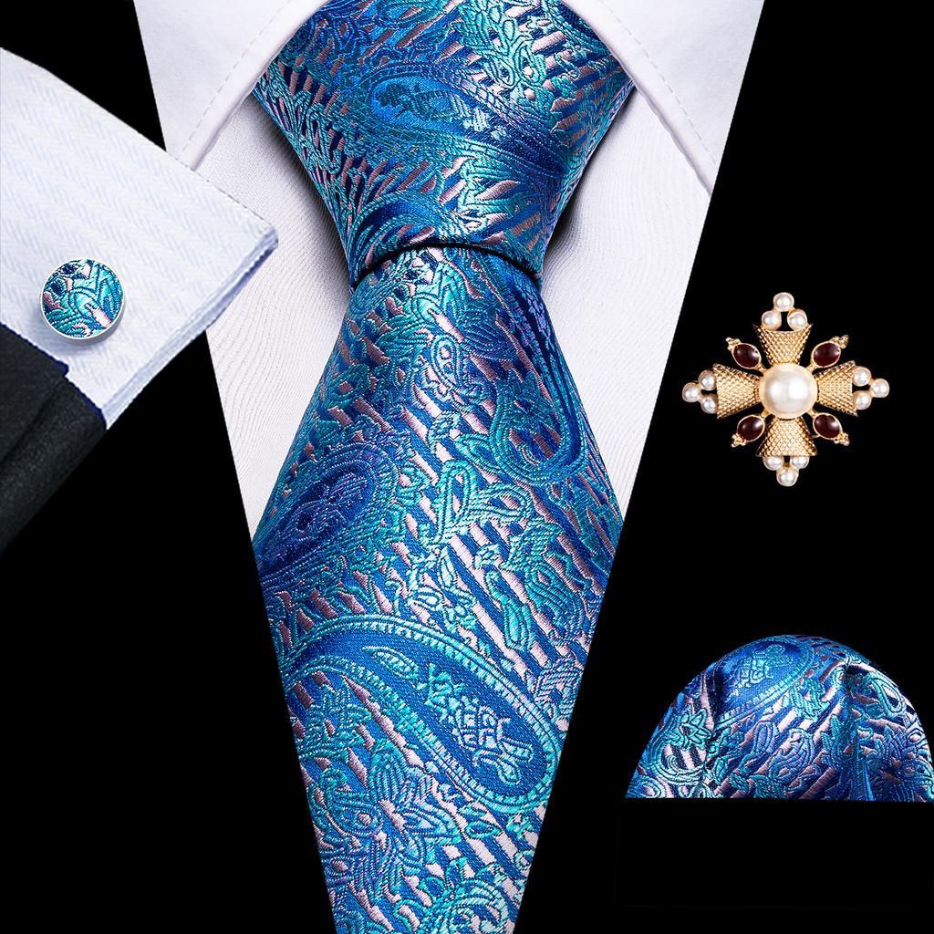 Barry.Wang Pearl sagė su kaklaraiščiu vyrams Paisley gėlių šilko kaklaraištis Hanky rankogalių sąsagų rinkinys