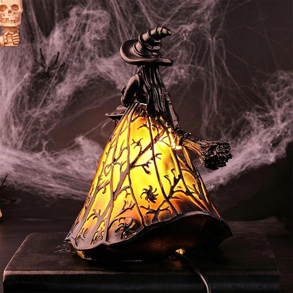 Halloween Witch Lamp Resin Sculpture Night Light for Bedroom Office Tabletop