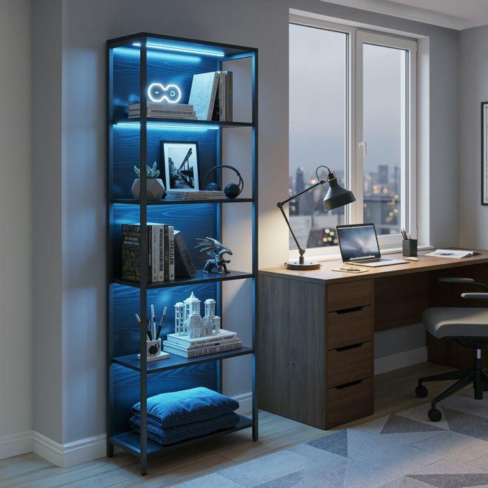 Bibliothèque sur 6 Niveaux, avec LED , Étagère Réglable, Cadre en Acier, pour Salon, Chambre, Bureau, Noir