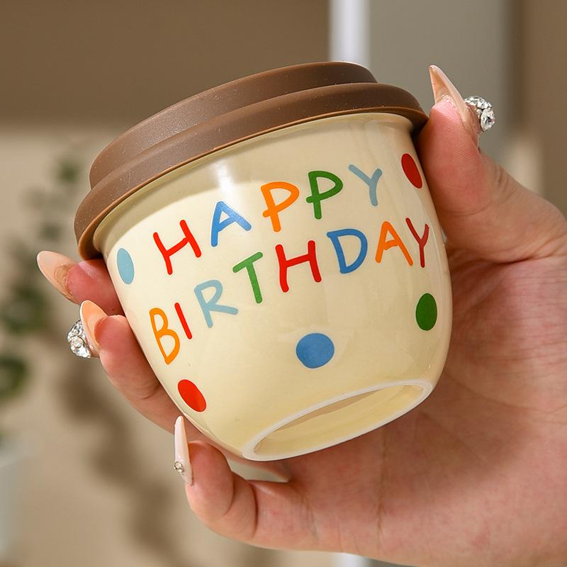 Cartoon English Casual Cup Silicone Lid Direct Drinking Mouth Coffee Cup Small Capacity Mocha Ceramic Hand Holding Cup Birthday Gift