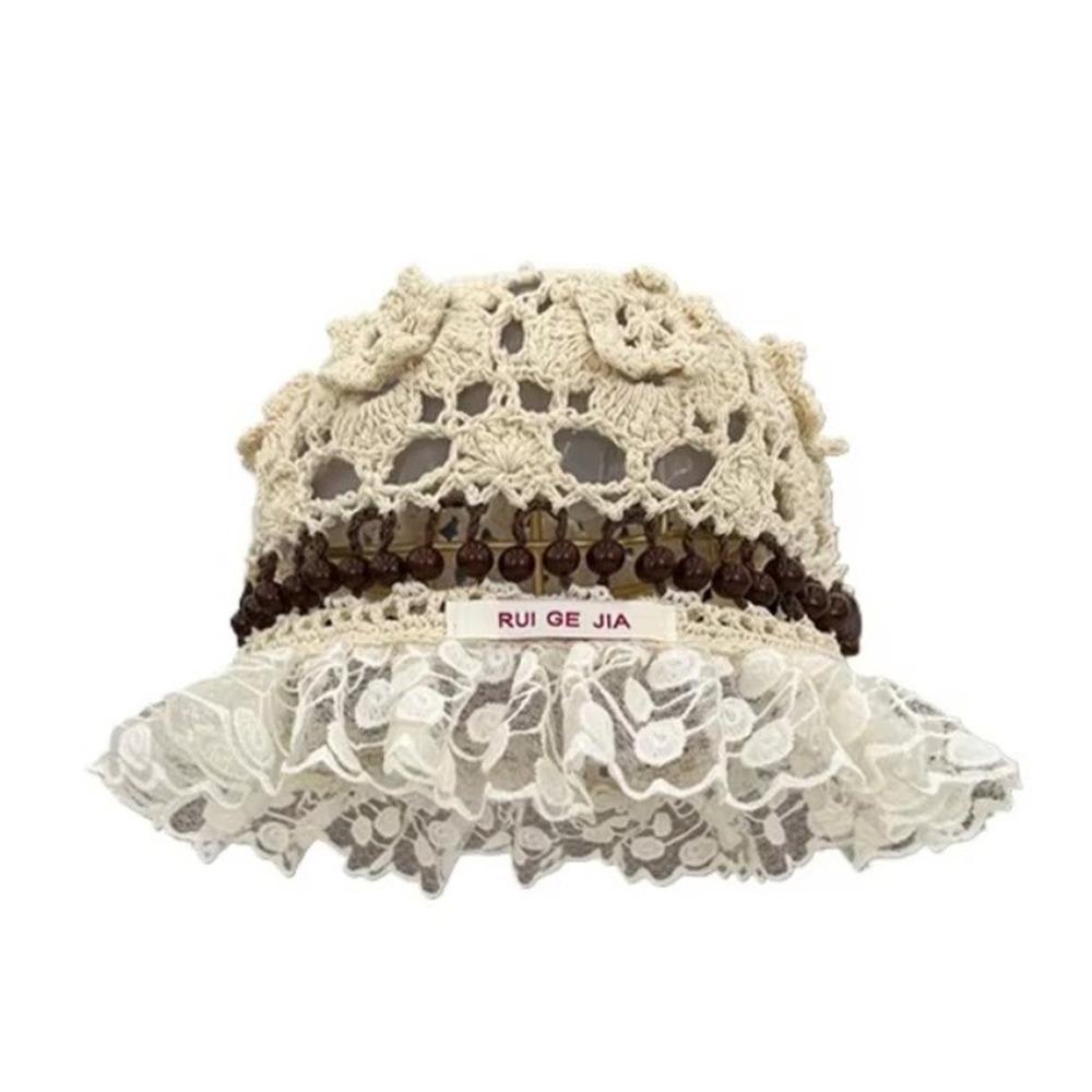 Handmade Crochet Bucket Hat Summer Weave Basin Caps Sweet Beads Knitted Hat  Girls