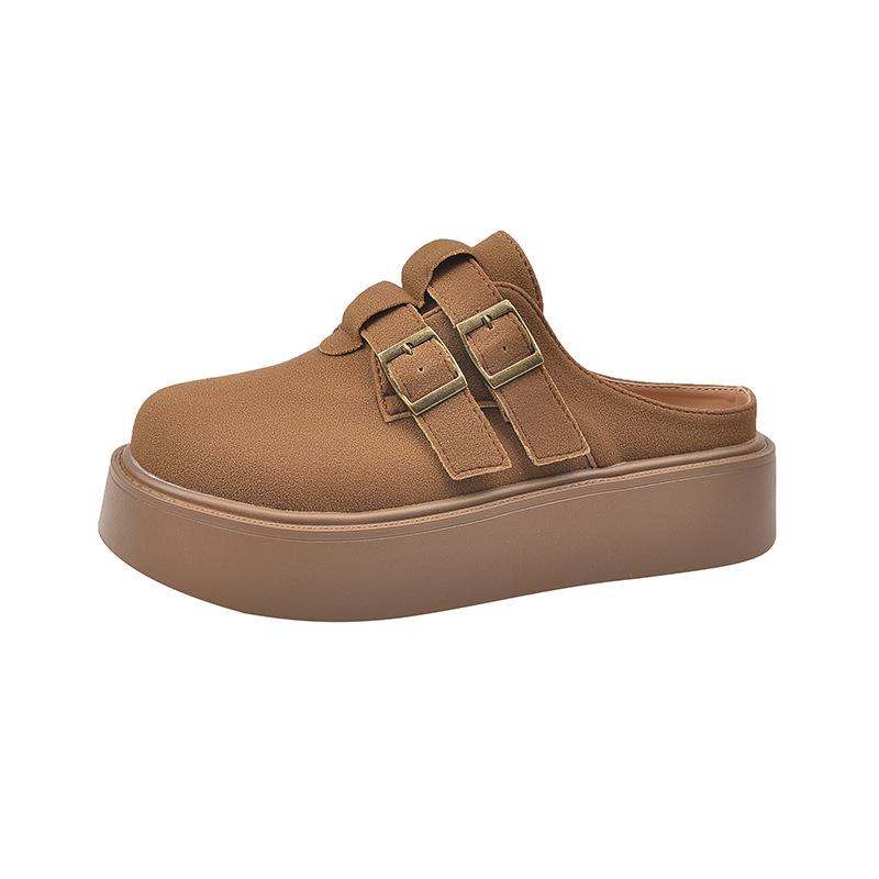 

Baotou matte thick-soled slippers women s outer wear 2025 summer Korean version new belt buckle big head casual half slippers women 35 темно-коричневого