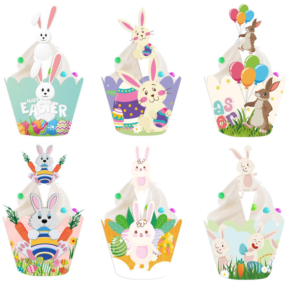 6/12pack Cartoon Easter Bunny Cupcake Wrappers Rabbit Egg Cake Topper for Easter Spring Party birthday Decor Dessert Supplies