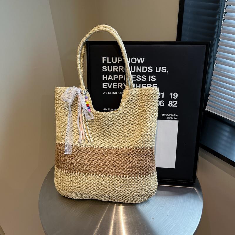 Summer Contrasting Color Woven Big Bag Women's New Fashion Underarm Straw Bag Seaside Vacation Beach Bag