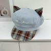 Cute Leopard Print Cat Ear Beret Women's Sunshade Sun Protection Retro Big Head Circumference Octagonal Hat Showing Face Small Painter Newsboy Hat