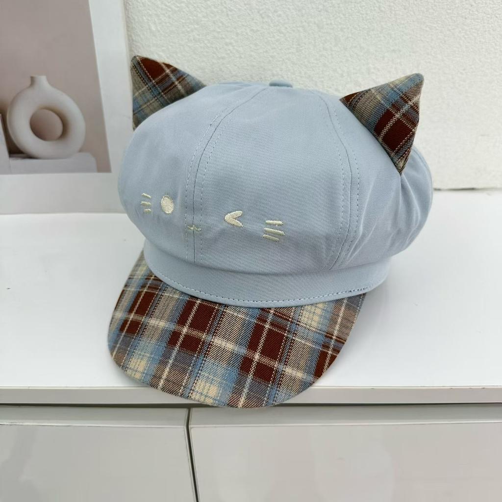 Cute Leopard Print Cat Ear Beret Women's Sunshade Sun Protection Retro Big Head Circumference Octagonal Hat Showing Face Small Painter Newsboy Hat