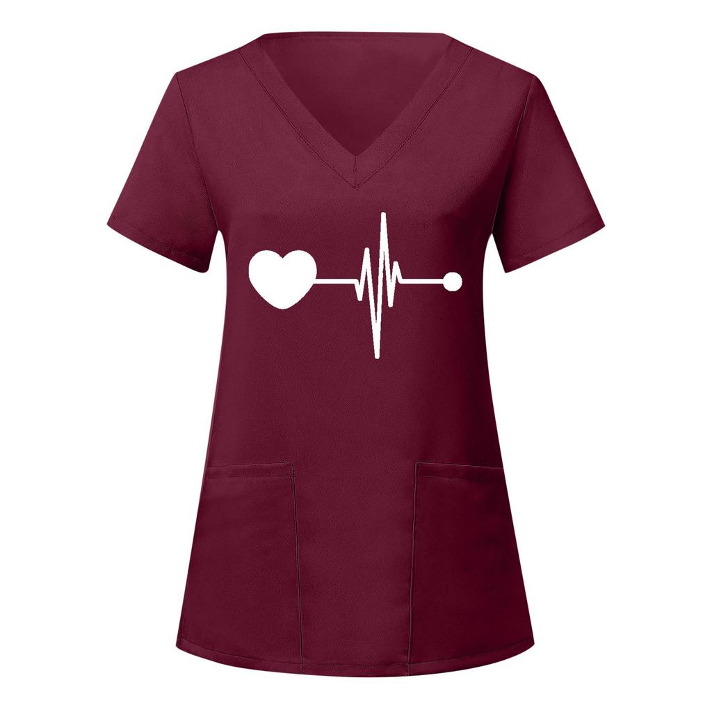 European and American Nurse Caregiver V-Neck Print Shirt with Large Pocket, Short Sleeve T-shirt for Women