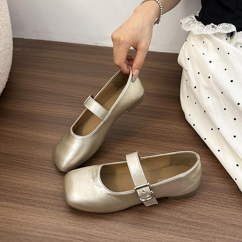 2025 Spring and Autumn New French Mary Jane Single Shoes Women's Korean Version Square Head One Pedal Shallow Mouth Flat Bottom Doudou Women's Shoes