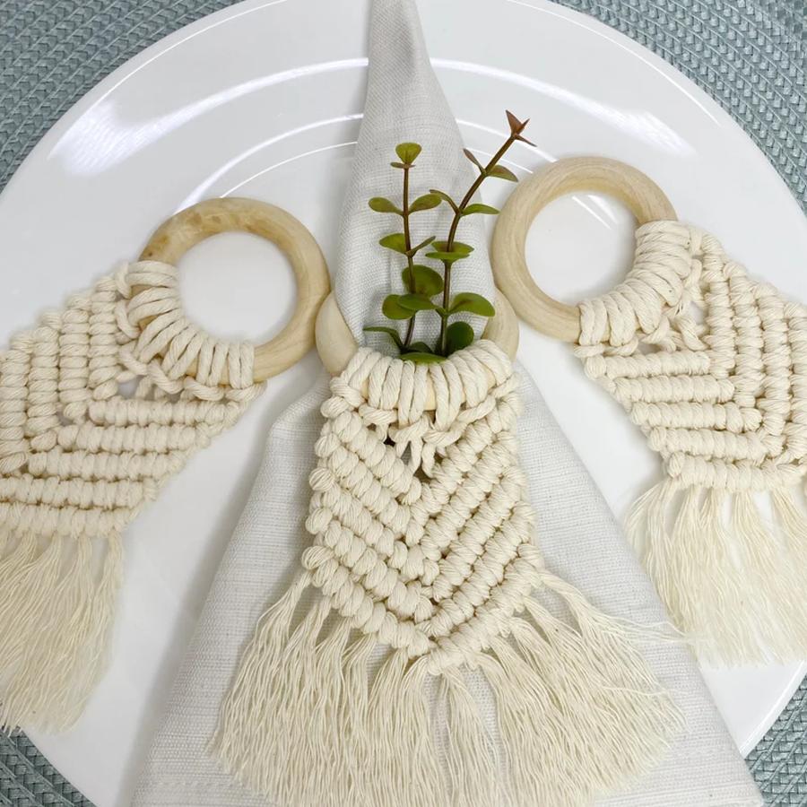 Boho  Napkin Rings with Wooden Ring, Handmade Woven Fringe Napkin Holders for Rustic Wedding, Party & Farmhouse Table Decor