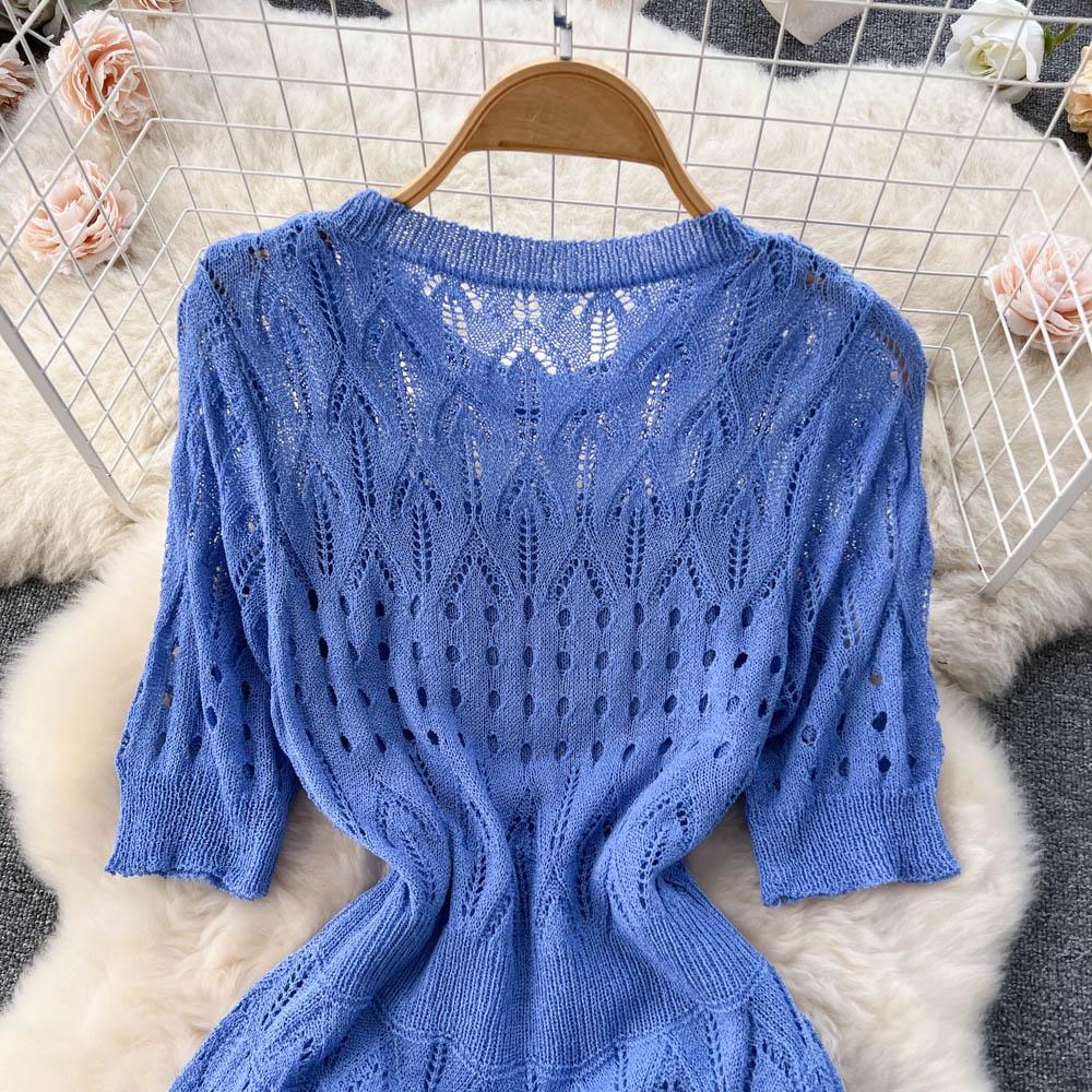 High Quality Women Chic Hollow Out Knitted Sweater Dress Summer Elegant Short Sleev Midi Bodycon Mermaid Dresses