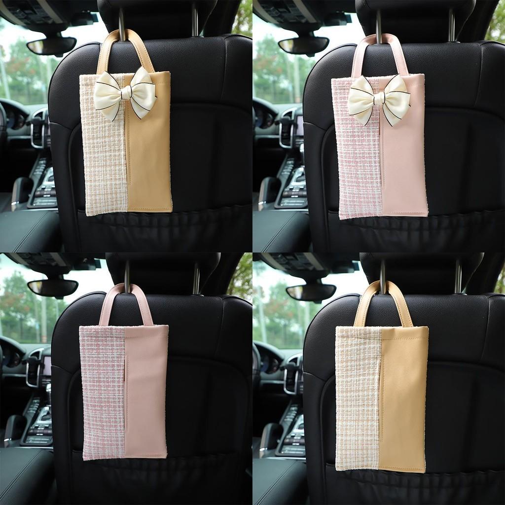 High Quality Plush Bow Car Tissue Holder Elegant Seat Back Hanging Bag Tissue