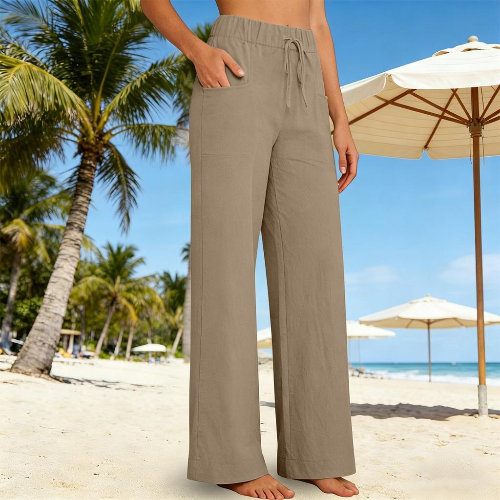 Women's Fashionable Elasticated Casual Color Wide-leg Trousers